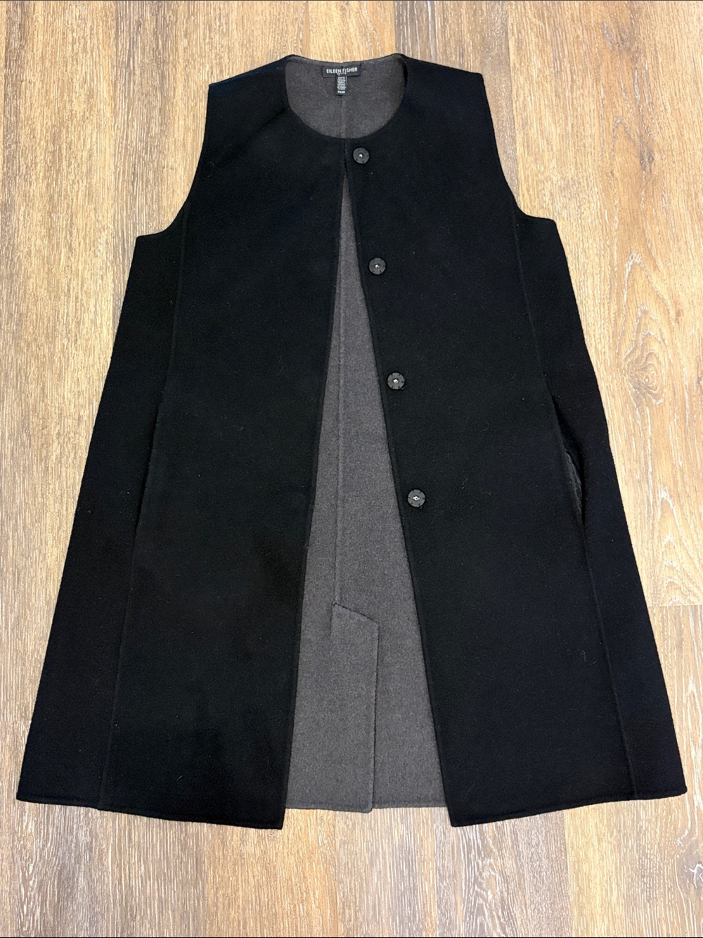 Elieen Fisher Black Brushed Wool Doubleface Round Neck Vest with Pockets